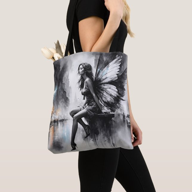 Mystical winged girl black and white urban tote bag (Close Up)