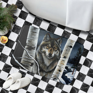 Mystical Winter Alpha Wolf Birch Forest Wildlife Bath Mat