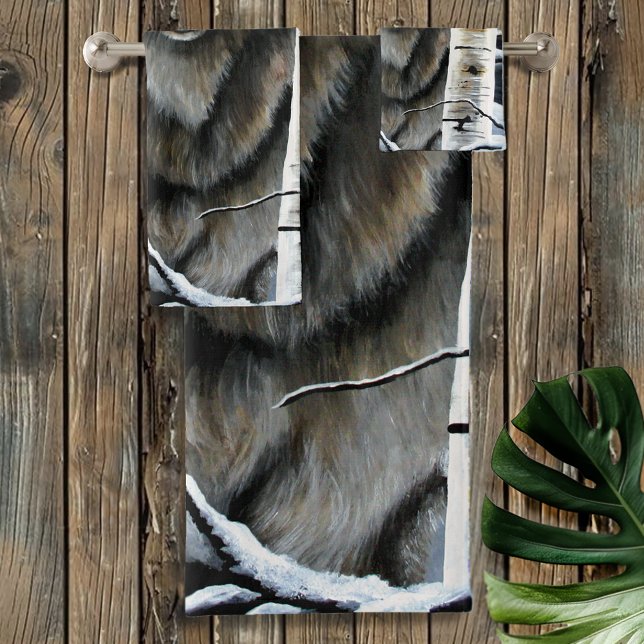 Mystical Winter Alpha Wolf Birch Forest Wildlife Bath Towel Set (Creator Uploaded)