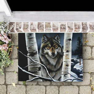 Mystical Winter Alpha Wolf Birch Forest Wildlife Doormat