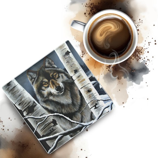 Mystical Winter Alpha Wolf Birch Forest Wildlife Glass Coaster (Creator Uploaded)
