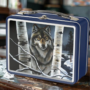Mystical Winter Alpha Wolf Birch Forest Wildlife Metal Lunch Box