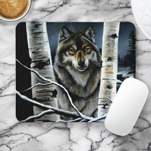 Mystical Winter Alpha Wolf Birch Forest Wildlife Mouse Mat