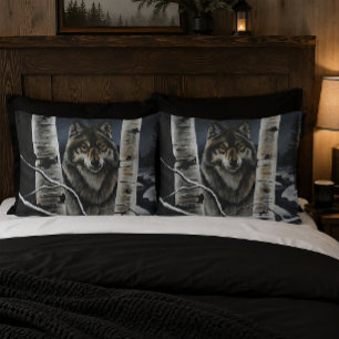 Mystical Winter Alpha Wolf Birch Forest Wildlife Pillowcase