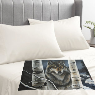 Mystical Winter Alpha Wolf Birch Forest Wildlife Pillowcase