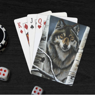 Mystical Winter Alpha Wolf Birch Forest Wildlife Playing Cards