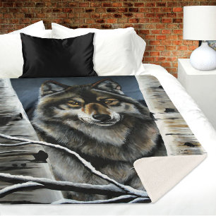 Mystical Winter Alpha Wolf Birch Forest Wildlife Sherpa Blanket