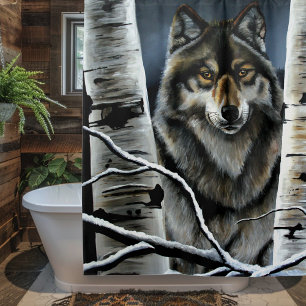 Mystical Winter Alpha Wolf Birch Forest Wildlife Shower Curtain