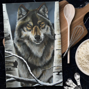 Mystical Winter Alpha Wolf Birch Forest Wildlife Tea Towel