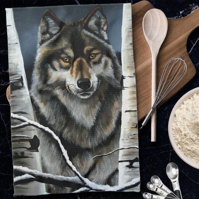 Mystical Winter Alpha Wolf Birch Forest Wildlife Tea Towel (Creator Uploaded)