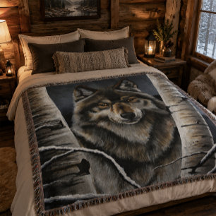 Mystical Winter Alpha Wolf Birch Forest Wildlife Throw Blanket