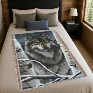 Mystical Winter Alpha Wolf Birch Forest Wildlife Throw Blanket