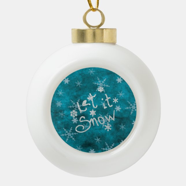 Mystical Winter Blue Silver Snowflakes Let It Snow Ceramic Ball Christmas Ornament (Front)