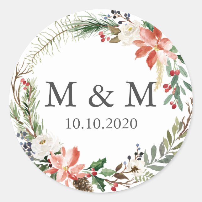 Mystical Winter |  Wedding wreath Monogram Classic Round Sticker (Front)