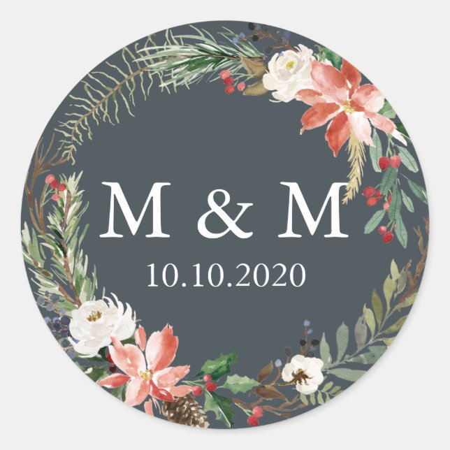 Mystical Winter |  Wedding wreath Monogram Classic Round Sticker (Front)