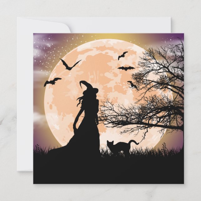 Mystical Witch and Cat Full Moon Invitation (Front)