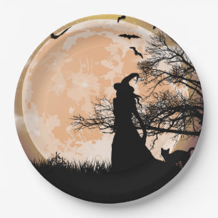 Mystical Witch and Cat Full Moon Paper Plate