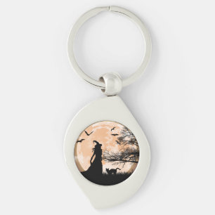 Mystical Witch, Black Cat, Full Moon Key Ring