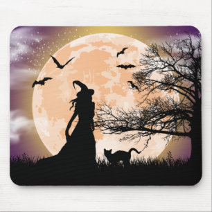 Mystical Witch, Black Cat, Full Moon Mouse Mat