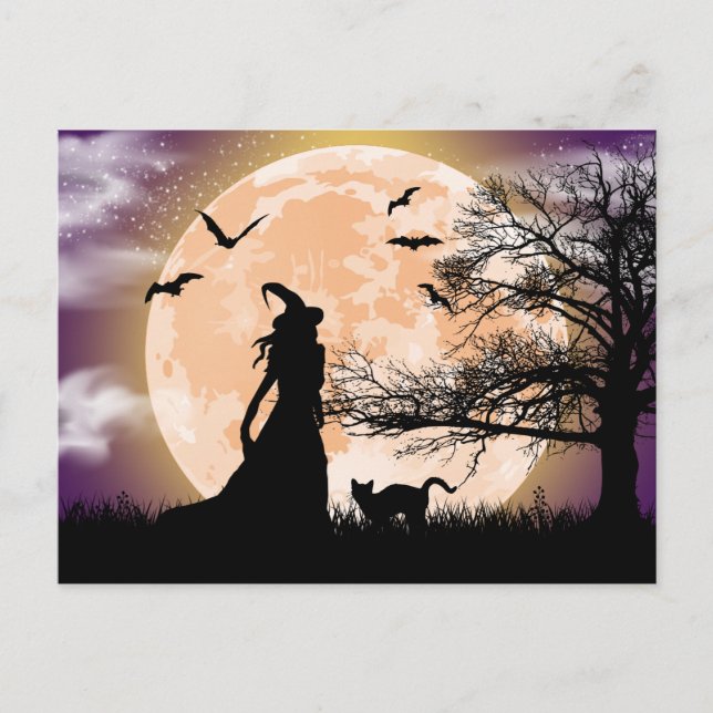 Mystical Witch, Black Cat, Full Moon Postcard (Front)