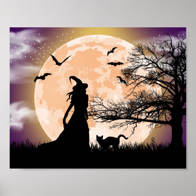 Mystical Witch, Black Cat, Full Moon Poster (Front)