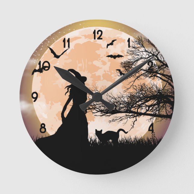 Mystical Witch, Black Cat, Full Moon Round Clock (Front)
