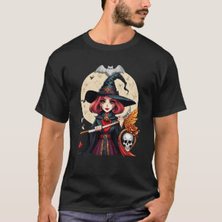 Mystical Witch Halloween Art with Skull and Moon T-Shirt