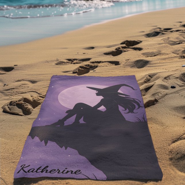 Mystical Witch Silhouette Under Moonlight Gift Beach Towel (Creator Uploaded)