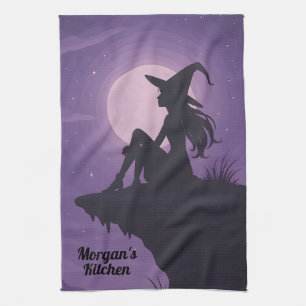 Mystical Witch Silhouette Under Moonlight Gift Tea Towel