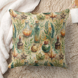 Mystical Witchcraft Bottles Green Brown Cushion