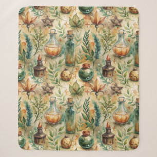 Mystical Witchcraft Bottles Green Brown Sherpa Blanket