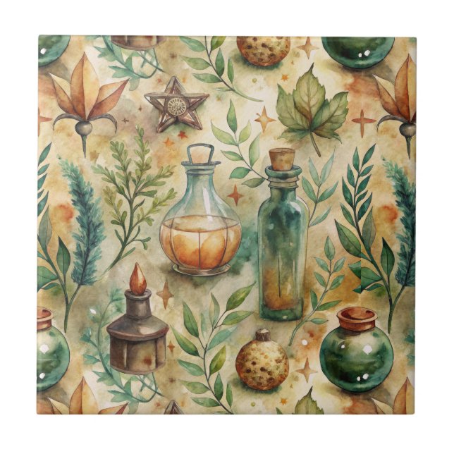 Mystical Witchcraft Bottles Green Brown Tile (Front)