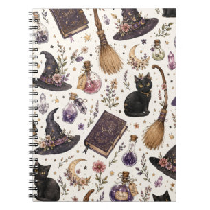 Mystical Witchy Halloween Pattern with Black Cats Notebook