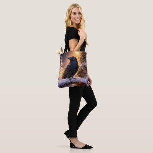 Mystical Witchy Raven and Snow Candle Tote Bag