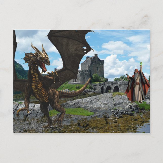 Mystical Wizard and Dragon Castle Landscape Postcard (Front)