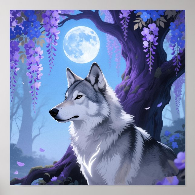 Mystical Wolf and Wisteria Moon Fantasy Art Print (Front)