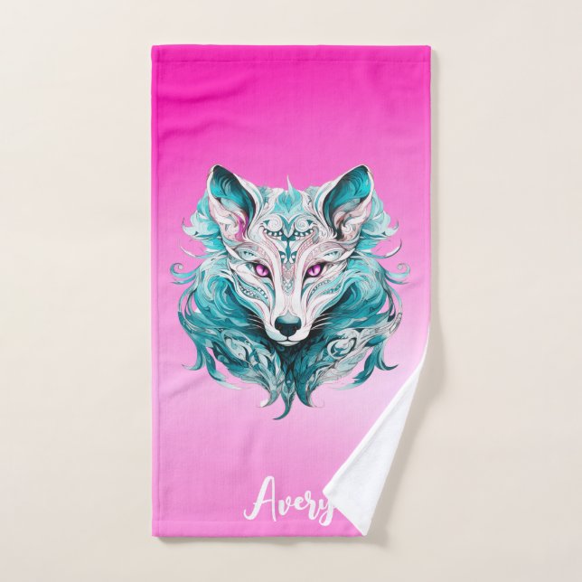 Mystical Wolf | Elegant Turquoise & Pink Wolf  Bath Towel Set (Hand Towel)