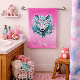 Mystical Wolf Elegant Turquoise & Pink Wolf Bath Towel Set