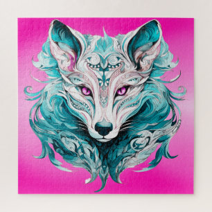 Mystical Wolf Elegant Turquoise & Pink Wolf Jigsaw Puzzle