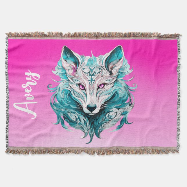 Mystical Wolf | Elegant Turquoise & Pink Wolf  Throw Blanket (Front)