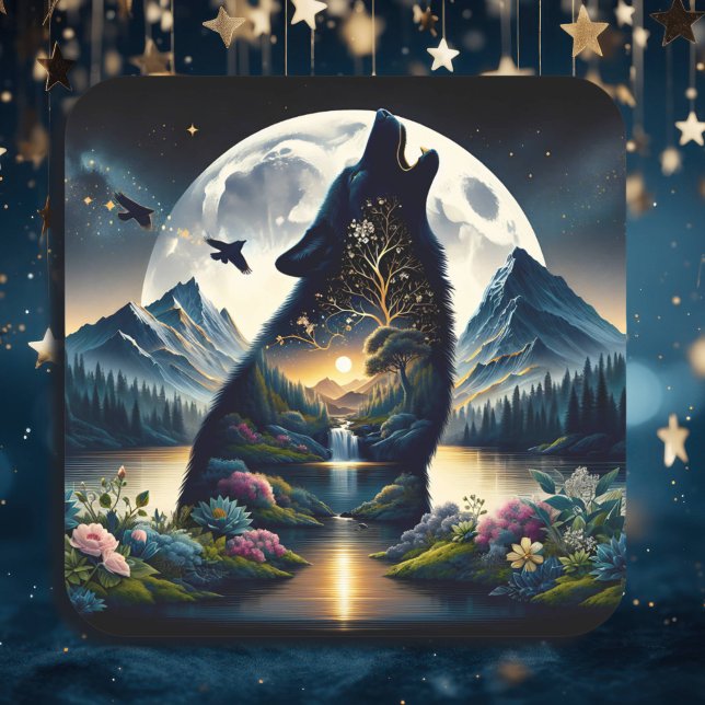 Mystical Wolf Howling at Moon Surreal Ai Art Square Sticker (Creator Uploaded)