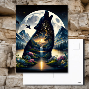 Mystical Wolf Howling at Moon Surreal Postcard