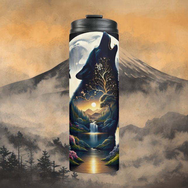 Mystical Wolf Howling at Moon Surreal  Thermal Tumbler (Creator Uploaded)
