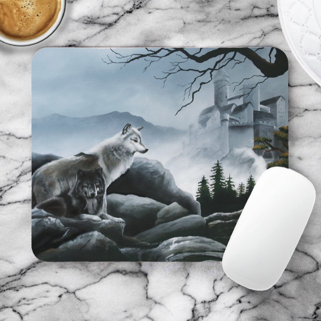 Mystical Wolves Guards Castle Fantasy Wildlife Mouse Mat (Creator Uploaded)