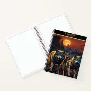 Mystical wolves howl under a glowing moon at dusk notebook