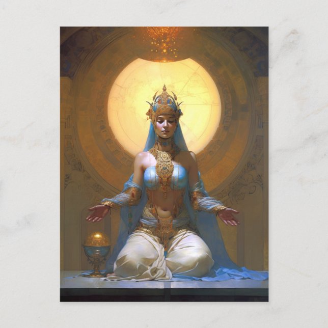 Mystical Woman Meditating Blue Gold Fantasy Art Postcard (Front)