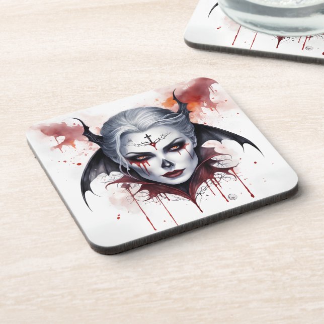 Mystical Woman Vampire Watercolor Halloween  Coaster (Left Side)