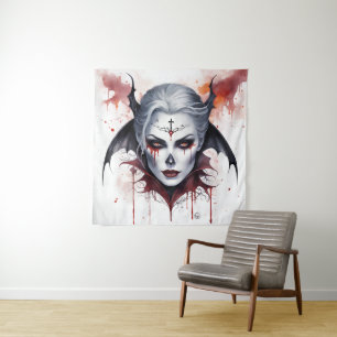 Mystical Woman Vampire Watercolor Halloween Tapestry