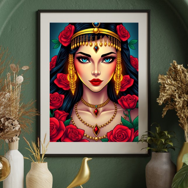 Mystical Woman with Blue Eyes and Red Roses  Poster (Creator Uploaded)