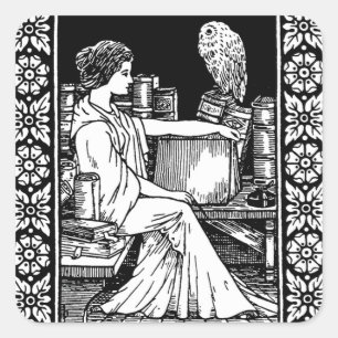 Mystical Woman with Owl, Books & Classical Library Square Sticker